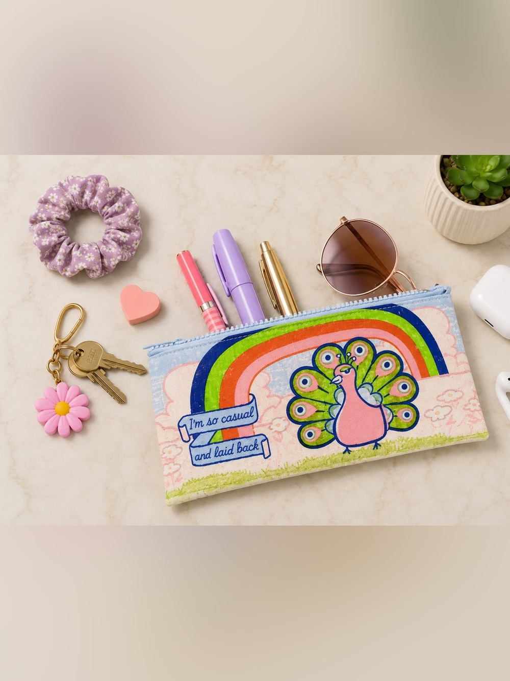 Eco-Friendly Peacock 🦚 Zipper Pouch • Retro Kid’s Pencil Case 🌈 NWOT